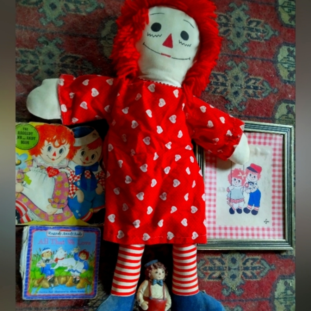 Vtg raggedy Anne doll with books and vtg picture , and Andy figurine